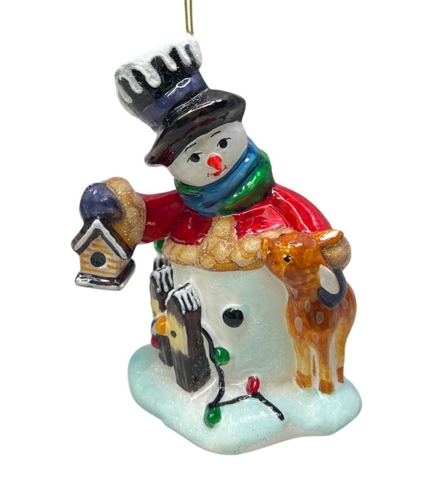 Ёлочная игрушка Снеговик со скворечником и оленем стекло Komozja Family