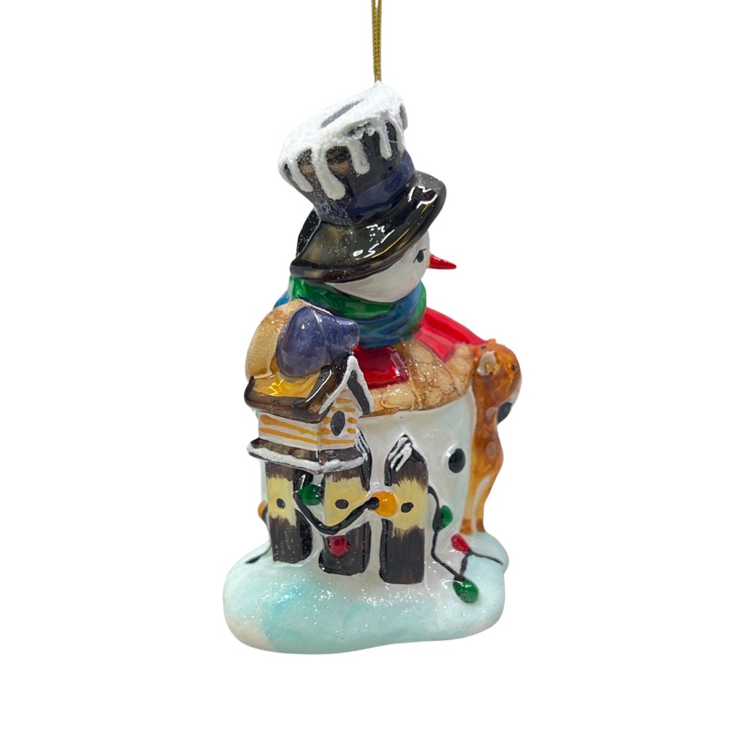 Ёлочная игрушка Снеговик со скворечником и оленем стекло Komozja Family