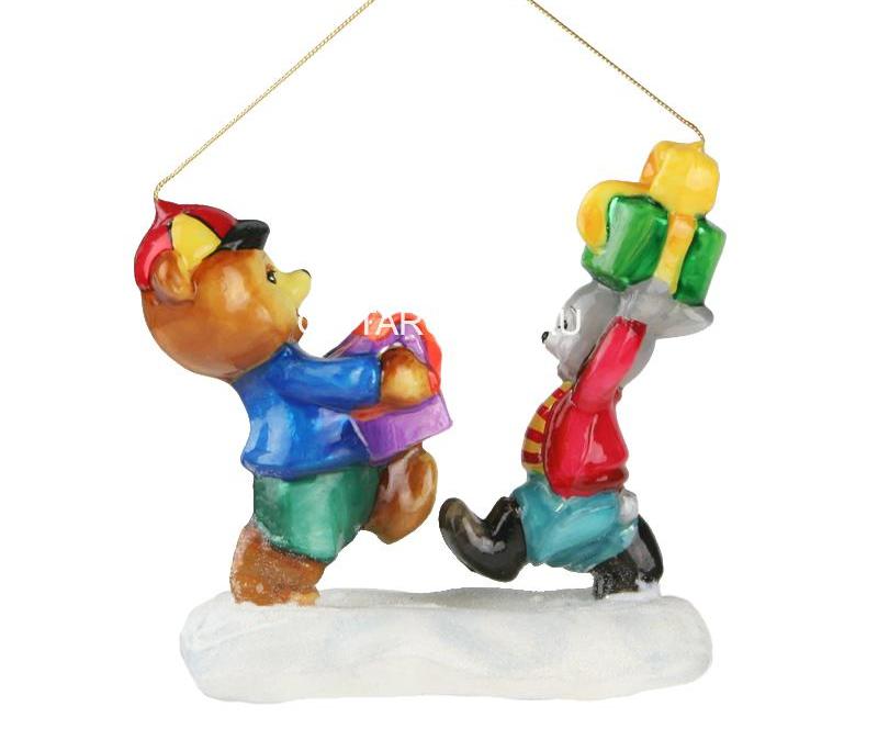 Ёлочная игрушка Мишка и заяц с подарками стекло Komozja Family